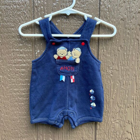 Vintage Baby boy size newborn ahoy teddy bears dark blue overalls unique - Picture 1 of 2